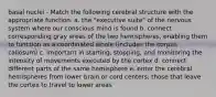 basal nuclei - Match the following cerebral structure with the appropriate function. a. the "executive suite" of the nervous system where our conscious mind is found b. connect corresponding gray areas of the two hemispheres, enabling them to function as a coordinated whole (includes the corpus callosum) c. important in starting, stopping, and monitoring the intensity of movements executed by the cortex d. connect different parts of the same hemisphere e. enter the cerebral hemispheres from lower brain or cord centers; those that leave the cortex to travel to lower areas