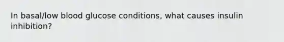 In basal/low blood glucose conditions, what causes insulin inhibition?