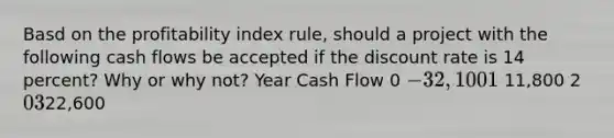 Basd on the profitability index rule, should a project with the following cash flows be accepted if the discount rate is 14 percent? Why or why not? Year Cash Flow 0 -32,100 1 11,800 2 0 322,600