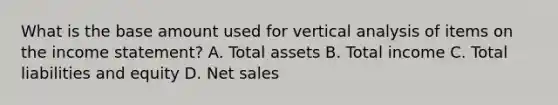 What is the base amount used for vertical analysis of items on the income statement? A. Total assets B. Total income C. Total liabilities and equity D. Net sales