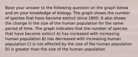 Base your answer to the following question on the graph below and on your knowledge of biology. The graph shows the number of species that have become extinct since 1800. It also shows the change in the size of the human population for the same period of time. The graph indicates that the number of species that have become extinct A) has increased with increasing human population B) has decreased with increasing human population C) is not affected by the size of the human population D) is greater than the size of the human population