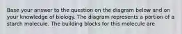 Base your answer to the question on the diagram below and on your knowledge of biology. The diagram represents a portion of a starch molecule. The building blocks for this molecule are