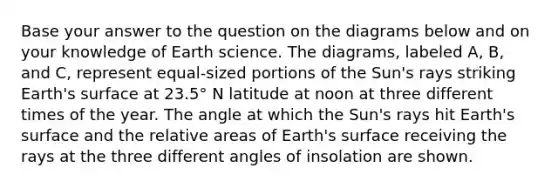 Base your answer to the question on the diagrams below and on your knowledge of Earth science. The diagrams, labeled A, B, and C, represent equal-sized portions of the Sun's rays striking Earth's surface at 23.5° N latitude at noon at three different times of the year. The angle at which the Sun's rays hit Earth's surface and the relative areas of Earth's surface receiving the rays at the three different angles of insolation are shown.