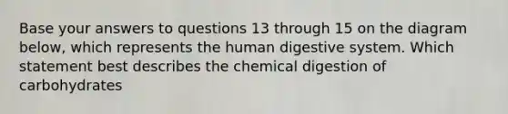 Base your answers to questions 13 through 15 on the diagram below, which represents the human digestive system. Which statement best describes the chemical digestion of carbohydrates