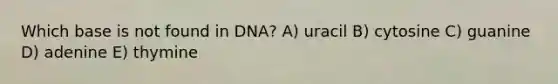 Which base is not found in DNA? A) uracil B) cytosine C) guanine D) adenine E) thymine