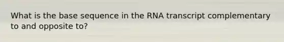 What is the base sequence in the RNA transcript complementary to and opposite to?