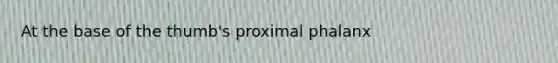 At the base of the thumb's proximal phalanx