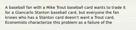 A baseball fan with a Mike Trout baseball card wants to trade it for a Giancarlo Stanton baseball​ card, but everyone the fan knows who has a Stanton card​ doesn't want a Trout card. Economists characterize this problem as a failure of the