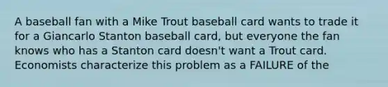 A baseball fan with a Mike Trout baseball card wants to trade it for a Giancarlo Stanton baseball​ card, but everyone the fan knows who has a Stanton card​ doesn't want a Trout card. Economists characterize this problem as a FAILURE of the