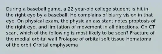 During a baseball game, a 22 year-old college student is hit in the right eye by a baseball. He complains of blurry vision in that eye. On physical exam, the physician assistant notes proptosis of the right eye, and limitation of movement in all directions. On CT scan, which of the following is most likely to be seen? Fracture of the medial orbital wall Prolapse of orbital soft tissue Hematoma of the orbit Orbital emphysema