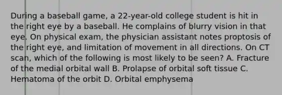 During a baseball game, a 22-year-old college student is hit in the right eye by a baseball. He complains of blurry vision in that eye. On physical exam, the physician assistant notes proptosis of the right eye, and limitation of movement in all directions. On CT scan, which of the following is most likely to be seen? A. Fracture of the medial orbital wall B. Prolapse of orbital soft tissue C. Hematoma of the orbit D. Orbital emphysema