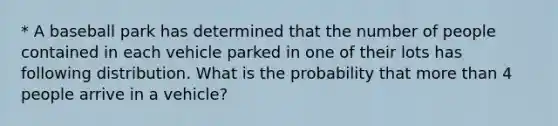 * A baseball park has determined that the number of people contained in each vehicle parked in one of their lots has following distribution. What is the probability that more than 4 people arrive in a vehicle?