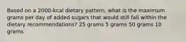 Based on a 2000-kcal dietary pattern, what is the maximum grams per day of added sugars that would still fall within the dietary recommendations? 25 grams 5 grams 50 grams 10 grams