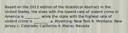 Based on the 2013 edition of the Statistical Abstract in the United States, the state with the lowest rate of violent crime in America is ________, while the state with the highest rate of violent crime is ________. a. Wyoming; New York b. Montana; New Jersey c. Colorado; California d. Maine; Nevada