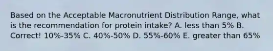 Based on the Acceptable Macronutrient Distribution Range, what is the recommendation for protein intake? A. <a href='https://www.questionai.com/knowledge/k7BtlYpAMX-less-than' class='anchor-knowledge'>less than</a> 5% B. Correct! 10%-35% C. 40%-50% D. 55%-60% E. <a href='https://www.questionai.com/knowledge/ktgHnBD4o3-greater-than' class='anchor-knowledge'>greater than</a> 65%