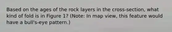 Based on the ages of the rock layers in the cross-section, what kind of fold is in Figure 1? (Note: In map view, this feature would have a bull's-eye pattern.)