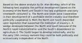 Based on the above analysis by Dr. Alan Brinkley, which of the following best explains the political development based on the economy of the North and South in the late eighteenth and early nineteenth centuries? a. The North and South were cooperative in their development of a profitable textile industry and therefore politically cooperative b. Both the North and South depended upon legislation that supported the institution of slavery c. A wedge developed between the North and South because of the North's rapid industrialization and the South's dependence on agriculture d. The South began to develop industrially, and by the early 19th century realized they could be both politically and economically independent of the North