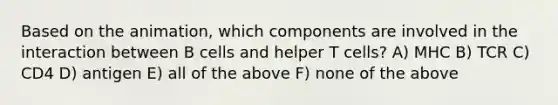 Based on the animation, which components are involved in the interaction between B cells and helper T cells? A) MHC B) TCR C) CD4 D) antigen E) all of the above F) none of the above