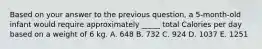 Based on your answer to the previous question, a 5-month-old infant would require approximately _____ total Calories per day based on a weight of 6 kg. A. 648 B. 732 C. 924 D. 1037 E. 1251