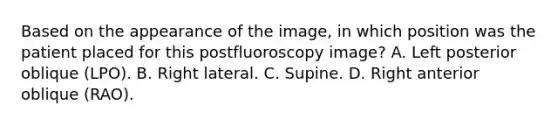 Based on the appearance of the image, in which position was the patient placed for this postfluoroscopy image? A. Left posterior oblique (LPO). B. Right lateral. C. Supine. D. Right anterior oblique (RAO).