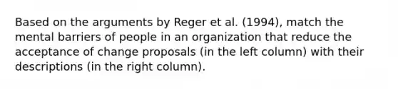 Based on the arguments by Reger et al. (1994), match the mental barriers of people in an organization that reduce the acceptance of change proposals (in the left column) with their descriptions (in the right column).
