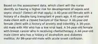 Based on the assessment data, which client will the nurse identify as having a higher risk for development of sepsis and septic shock? (Select all that apply.) A 40-year-old female with a history of a double lung transplant 4 years ago. A 41-year-old male client with a closed fracture of the femur. A 44-year-old female client with a history of anxiety and infertility. A 38-year-old male with HIV who has a low viral load. A 54-year-old female with breast cancer who is receiving chemotherapy. A 44-year-old male client who has a history of alcoholism and diabetes mellitus. An 86-year-old male with acute onset confusion.