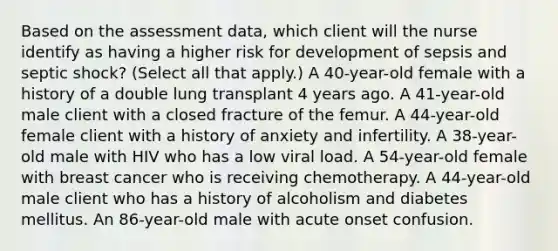 Based on the assessment data, which client will the nurse identify as having a higher risk for development of sepsis and septic shock? (Select all that apply.) A 40-year-old female with a history of a double lung transplant 4 years ago. A 41-year-old male client with a closed fracture of the femur. A 44-year-old female client with a history of anxiety and infertility. A 38-year-old male with HIV who has a low viral load. A 54-year-old female with breast cancer who is receiving chemotherapy. A 44-year-old male client who has a history of alcoholism and diabetes mellitus. An 86-year-old male with acute onset confusion.