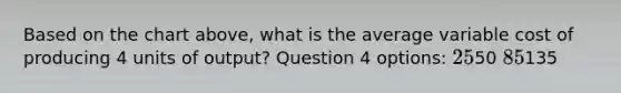 Based on the chart above, what is the average variable cost of producing 4 units of output? Question 4 options: 2550 85135