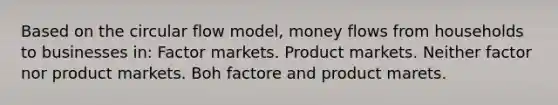 Based on the circular flow model, money flows from households to businesses in: Factor markets. Product markets. Neither factor nor product markets. Boh factore and product marets.