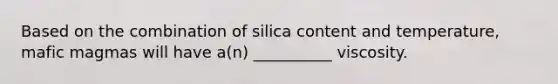 Based on the combination of silica content and temperature, mafic magmas will have a(n) __________ viscosity.