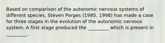 Based on comparison of the autonomic nervous systems of different species, Steven Porges (1995, 1998) has made a case for three stages in the evolution of the autonomic nervous system. A first stage produced the _________ which is present in _________.