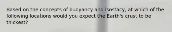 Based on the concepts of buoyancy and isostacy, at which of the following locations would you expect the Earth's crust to be thickest?