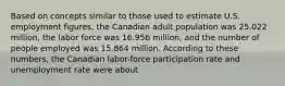 Based on concepts similar to those used to estimate U.S. employment figures, the Canadian adult population was 25.022 million, the labor force was 16.956 million, and the number of people employed was 15.864 million. According to these numbers, the Canadian labor-force participation rate and unemployment rate were about