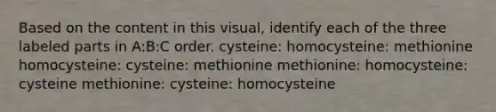 Based on the content in this visual, identify each of the three labeled parts in A:B:C order. cysteine: homocysteine: methionine homocysteine: cysteine: methionine methionine: homocysteine: cysteine methionine: cysteine: homocysteine