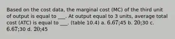 Based on the cost data, the marginal cost (MC) of the third unit of output is equal to ___. At output equal to 3 units, average total cost (ATC) is equal to ___. (table 10.4) a. 6.67;45 b. 20;30 c. 6.67;30 d. 20;45