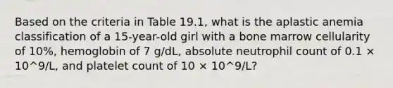 Based on the criteria in Table 19.1, what is the aplastic anemia classification of a 15-year-old girl with a bone marrow cellularity of 10%, hemoglobin of 7 g/dL, absolute neutrophil count of 0.1 × 10^9/L, and platelet count of 10 × 10^9/L?