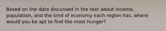 Based on the data discussed in the text about income, population, and the kind of economy each region has, where would you be apt to find the most hunger?