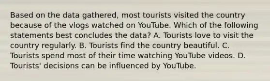 Based on the data gathered, most tourists visited the country because of the vlogs watched on YouTube. Which of the following statements best concludes the data? A. Tourists love to visit the country regularly. B. Tourists find the country beautiful. C. Tourists spend most of their time watching YouTube videos. D. Tourists' decisions can be influenced by YouTube.