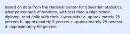 Based on data from the National Center for Education Statistics, what percentage of mothers, with less than a High school diploma, read daily with their 2-year-olds? a. approximately 75 percent b. approximately 5 percent c. approximately 25 percent d. approximately 50 percent