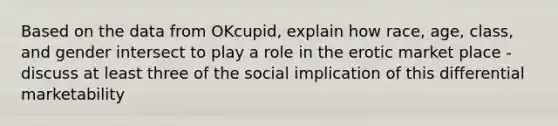 Based on the data from OKcupid, explain how race, age, class, and gender intersect to play a role in the erotic market place - discuss at least three of the social implication of this differential marketability