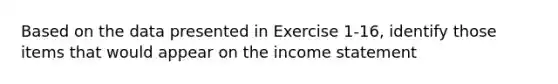 Based on the data presented in Exercise 1-16, identify those items that would appear on the income statement