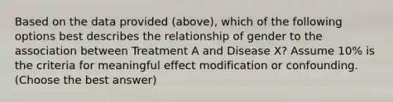 Based on the data provided (above), which of the following options best describes the relationship of gender to the association between Treatment A and Disease X? Assume 10% is the criteria for meaningful effect modification or confounding. (Choose the best answer)