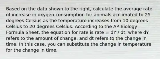 Based on the data shown to the right, calculate the average rate of increase in oxygen consumption for animals acclimated to 25 degrees Celsius as the temperature increases from 10 degrees Celsius to 20 degrees Celsius. According to the AP Biology Formula Sheet, the equation for rate is rate = dY / dt, where dY refers to the amount of change, and dt refers to the change in time. In this case, you can substitute the change in temperature for the change in time.