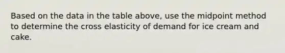 Based on the data in the table above, use the midpoint method to determine the cross elasticity of demand for ice cream and cake.