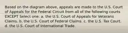 Based on the diagram above, appeals are made to the U.S. Court of Appeals for the Federal Circuit from all of the following courts EXCEPT Select one: a. the U.S. Court of Appeals for Veterans Claims. b. the U.S. Court of Federal Claims. c. the U.S. Tax Court. d. the U.S. Court of International Trade.