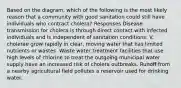 Based on the diagram, which of the following is the most likely reason that a community with good sanitation could still have individuals who contract cholera? Responses Disease transmission for cholera is through direct contact with infected individuals and is independent of sanitation conditions. V. cholerae grow rapidly in clear, moving water that has limited nutrients or wastes. Waste water treatment facilities that use high levels of chlorine to treat the outgoing municipal water supply have an increased risk of cholera outbreaks. Runoff from a nearby agricultural field pollutes a reservoir used for drinking water.