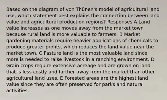 Based on the diagram of von Thünen's model of agricultural land use, which statement best explains the connection between land value and agricultural production regions? Responses A Land value increases as one moves away from the market town because rural land is more valuable to farmers. B Market gardening materials require heavier applications of chemicals to produce greater profits, which reduces the land value near the market town. C Pasture land is the most valuable land since more is needed to raise livestock in a ranching environment. D Grain crops require extensive acreage and are grown on land that is less costly and farther away from the market than other agricultural land uses. E Forested areas are the highest land value since they are often preserved for parks and natural activities.