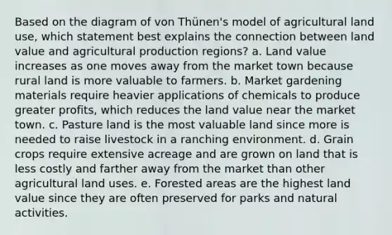 Based on the diagram of von Thünen's model of agricultural land use, which statement best explains the connection between land value and agricultural production regions? a. Land value increases as one moves away from the market town because rural land is more valuable to farmers. b. Market gardening materials require heavier applications of chemicals to produce greater profits, which reduces the land value near the market town. c. Pasture land is the most valuable land since more is needed to raise livestock in a ranching environment. d. Grain crops require extensive acreage and are grown on land that is less costly and farther away from the market than other agricultural land uses. e. Forested areas are the highest land value since they are often preserved for parks and natural activities.