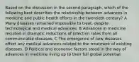 Based on the discussion in the second paragraph, which of the following best describes the relationship between advances in medicine and public health efforts in the twentieth century? A Many diseases remained impossible to treat, despite technological and medical advances. B Advances in medicine resulted in dramatic reductions of infection rates from all communicable diseases. C The emergence of new diseases offset any medical advances related to the treatment of existing diseases. D Political and economic factors stood in the way of advances in medicine living up to their full global potential.