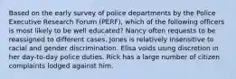 Based on the early survey of police departments by the Police Executive Research Forum (PERF), which of the following officers is most likely to be well educated? Nancy often requests to be reassigned to different cases. Jones is relatively insensitive to racial and gender discrimination. Elisa voids using discretion in her day-to-day police duties. Rick has a large number of citizen complaints lodged against him.